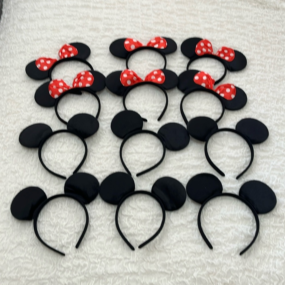 12 PCS. 6 Minnie Mouse Ears Headband Red White Polka Dot & 6 Mickey Solid Black
